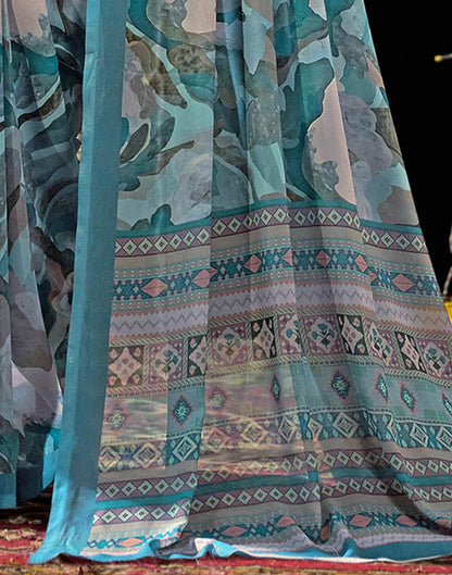 Dusty Blue Georgette Printed Saree