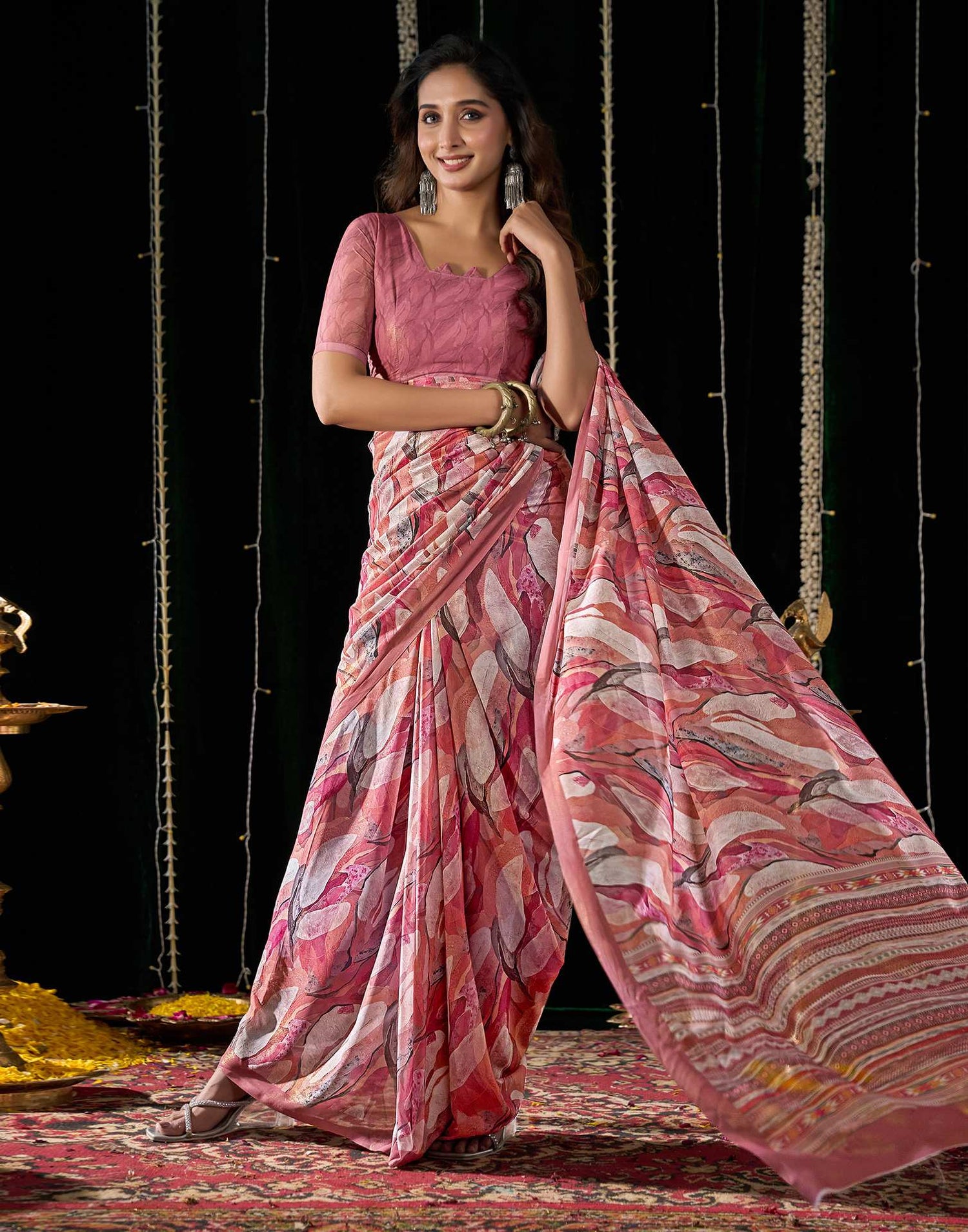 Dark Peach Georgette Printed Saree