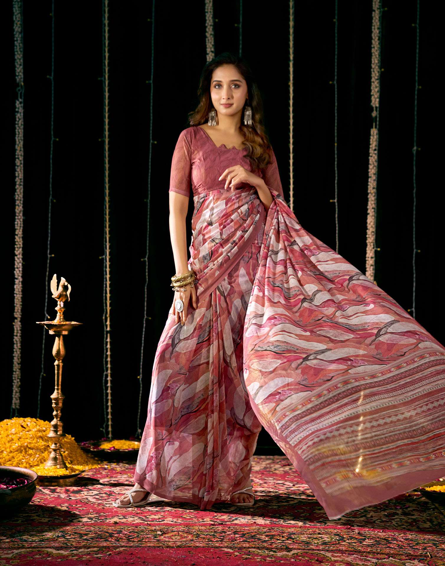 Dark Peach Georgette Printed Saree