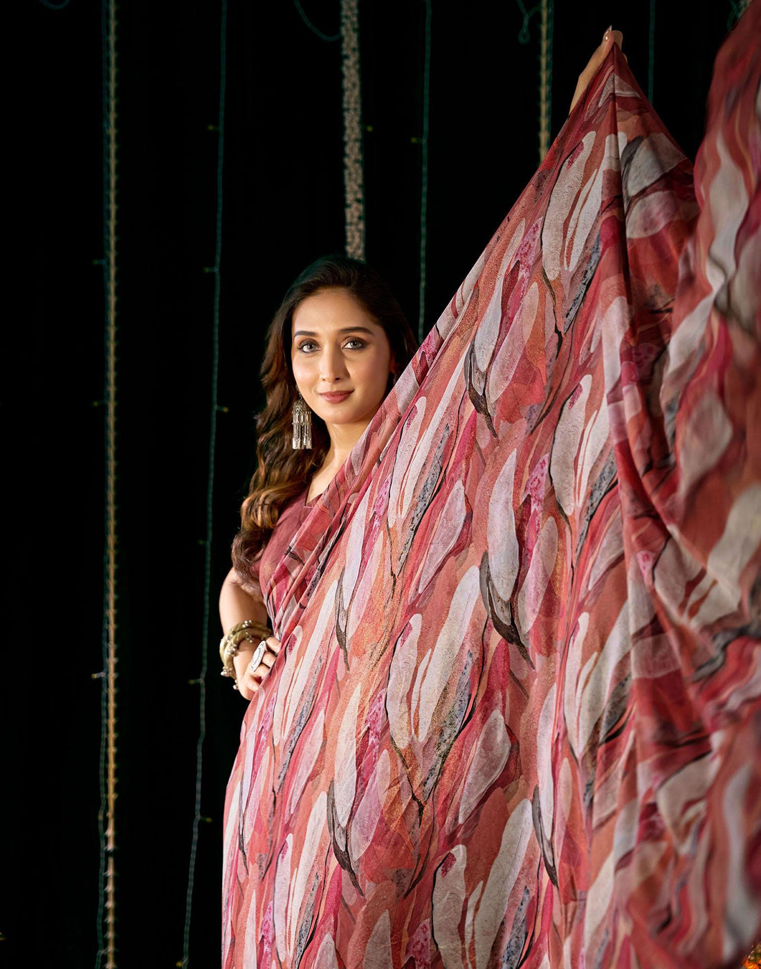 Dark Peach Georgette Printed Saree