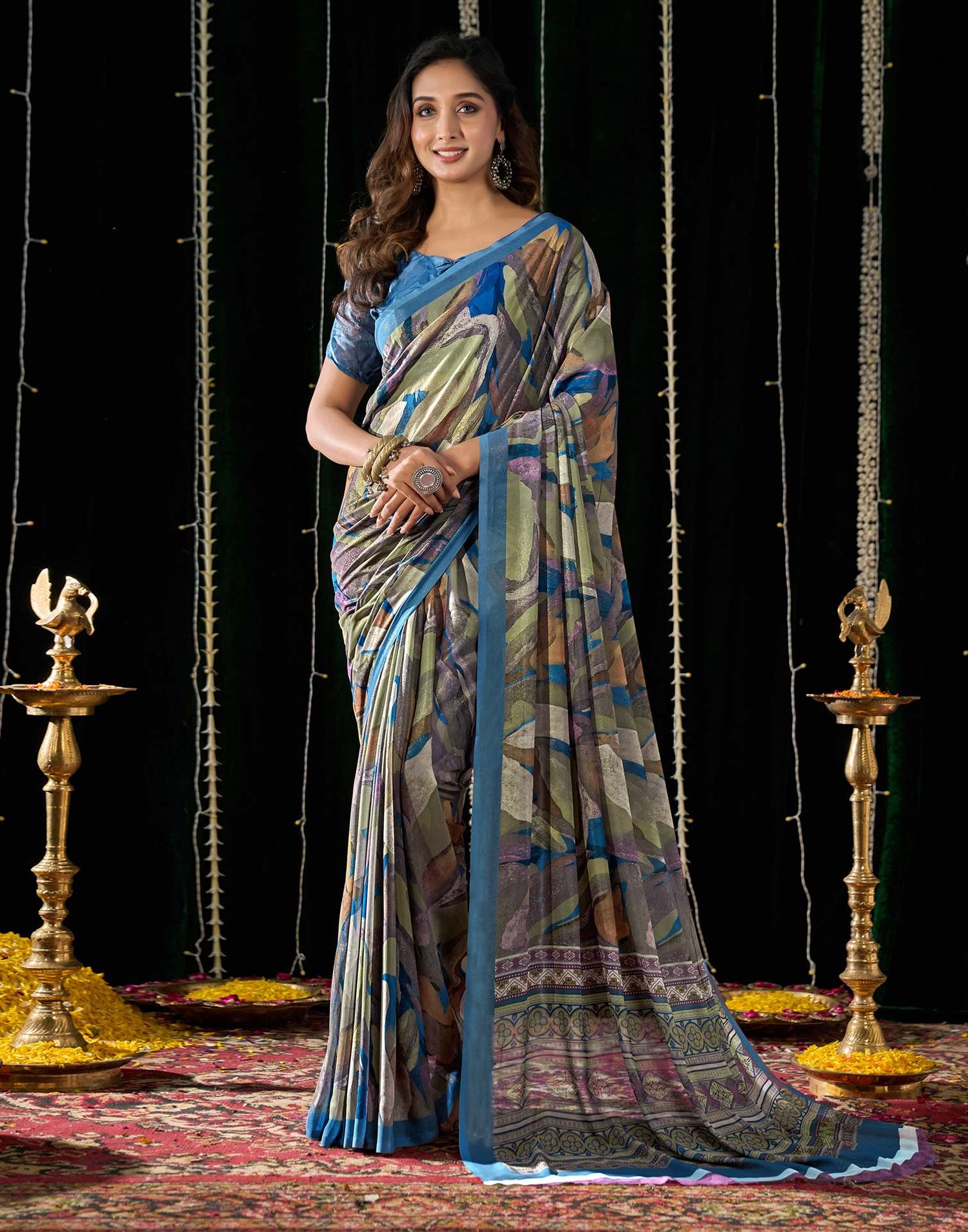 Dusty Blue Georgette Printed Saree