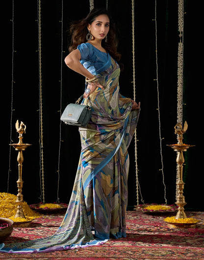 Dusty Blue Georgette Printed Saree
