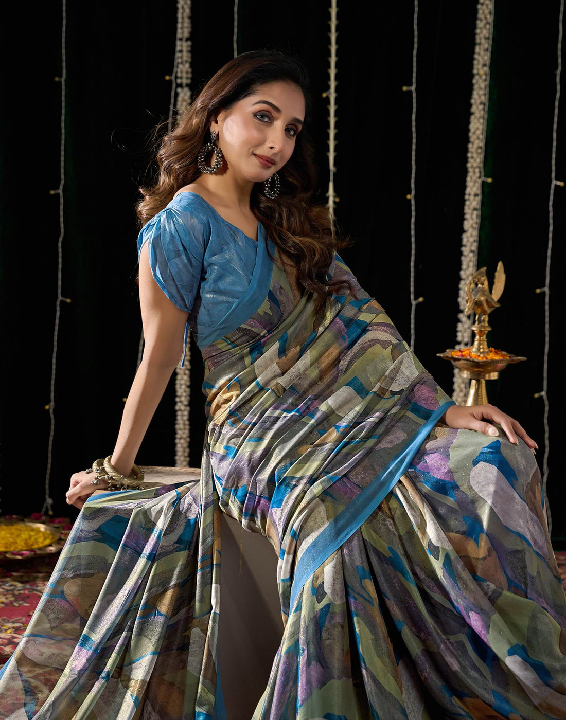 Dusty Blue Georgette Printed Saree