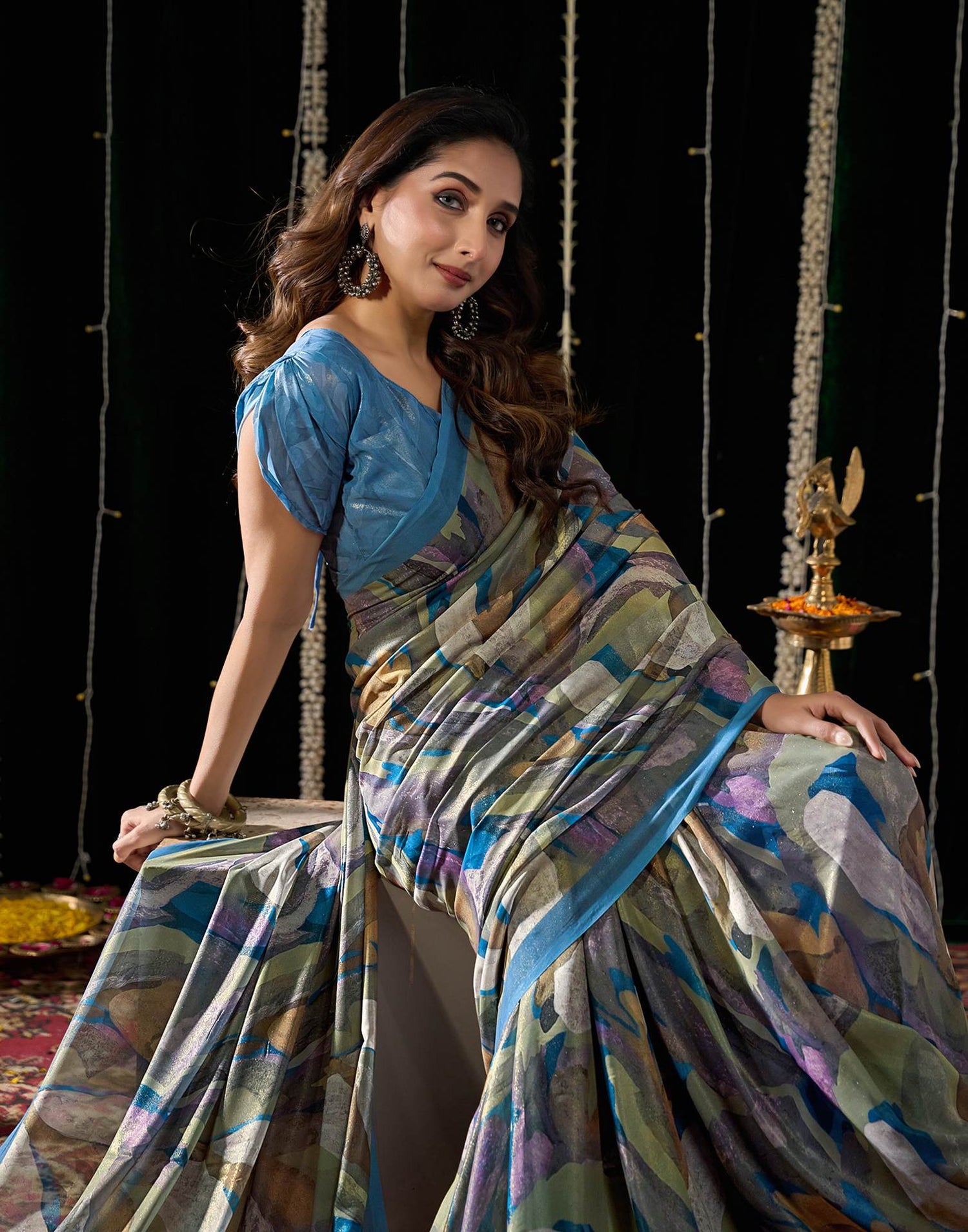 Dusty Blue Georgette Printed Saree