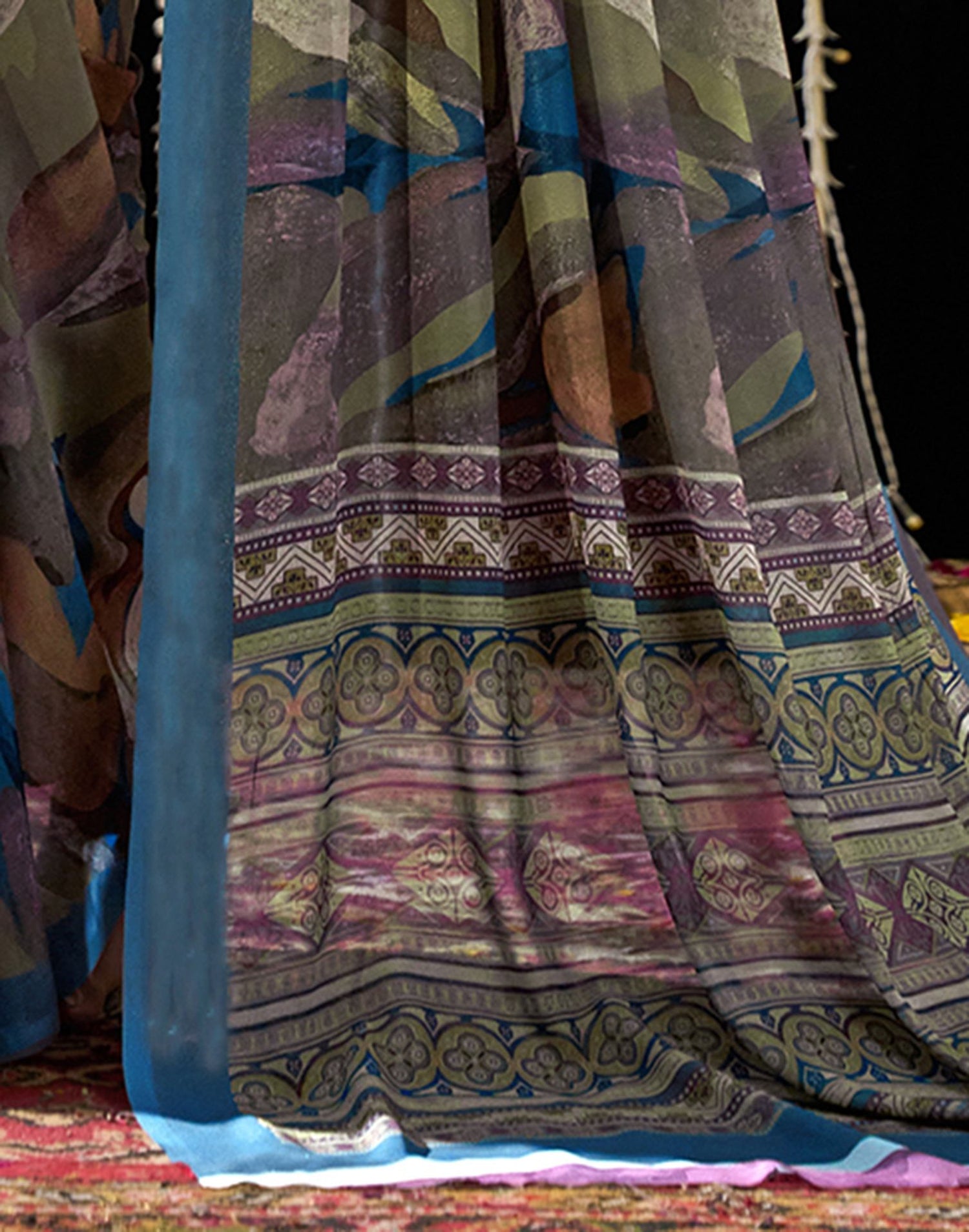 Dusty Blue Georgette Printed Saree