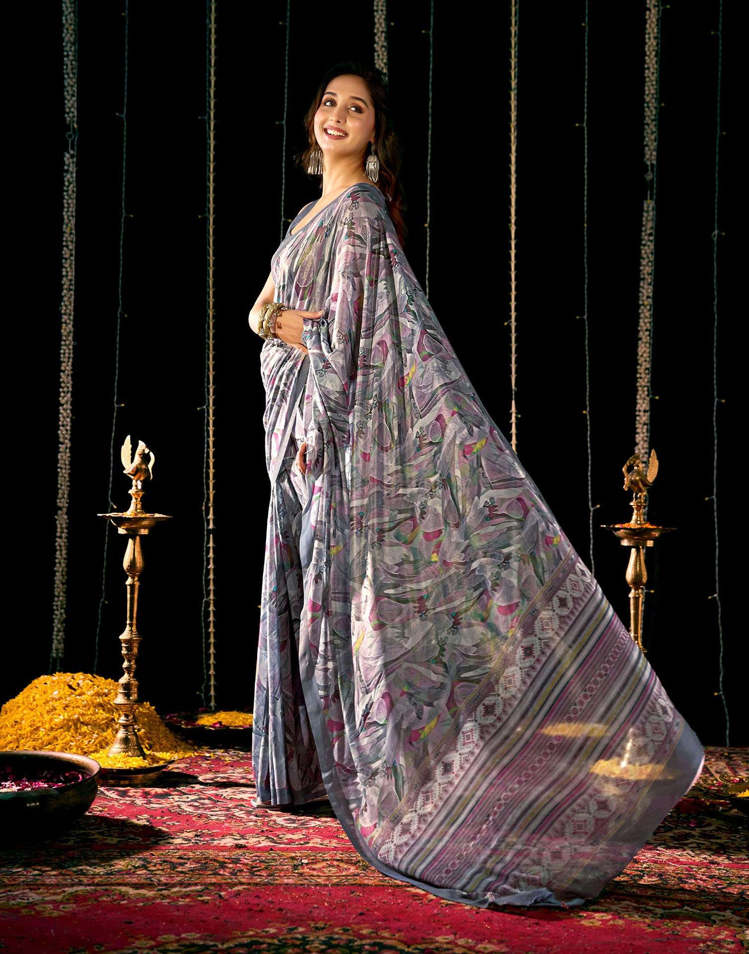 Grey Georgette Printed Saree