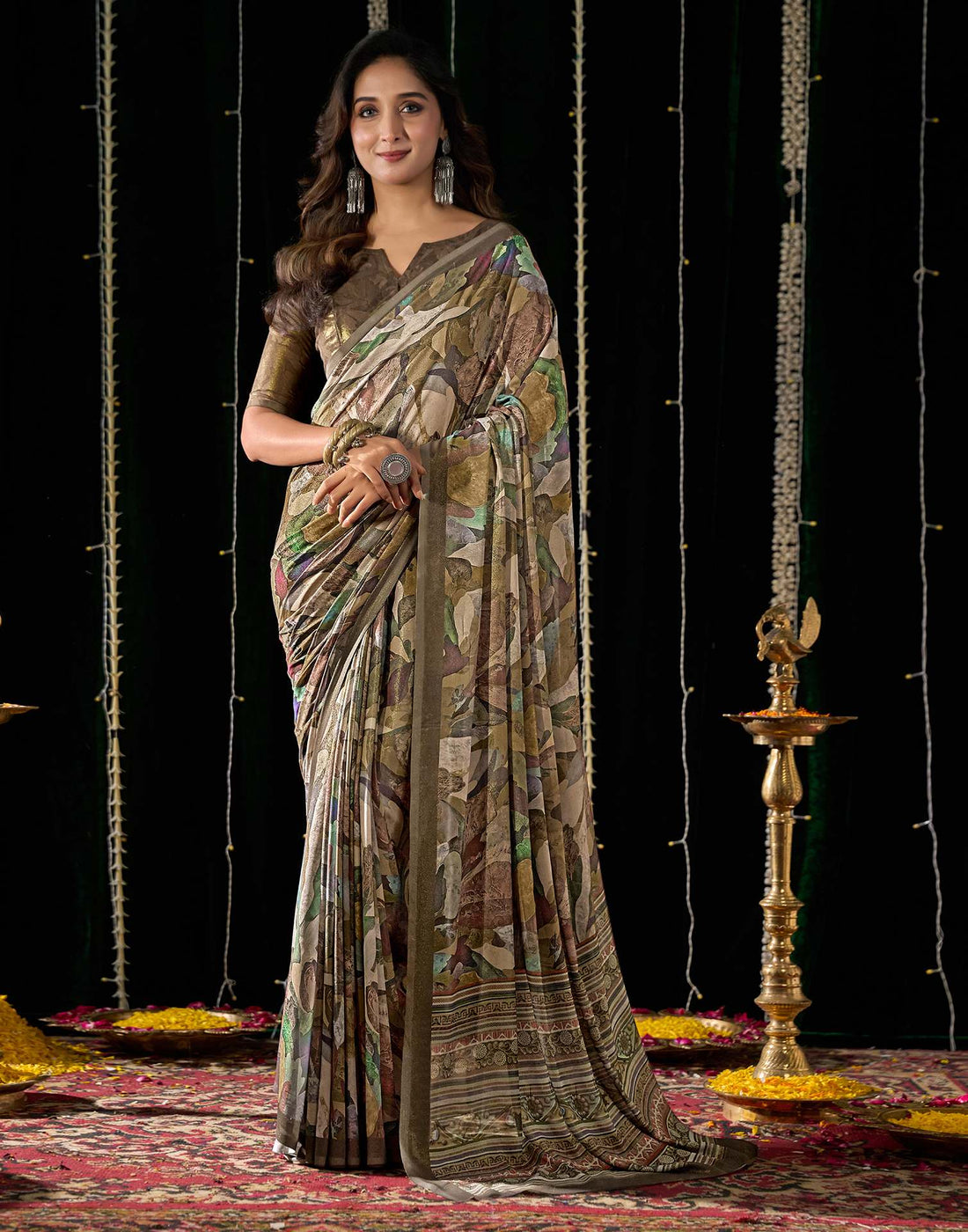 Olive Green Georgette Printed Saree