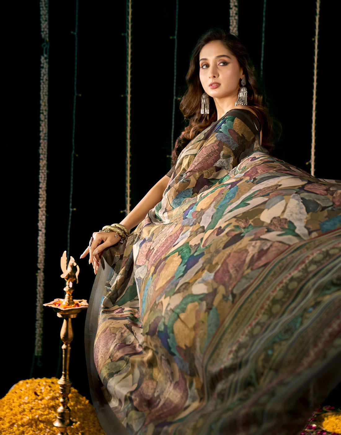 Olive Green Georgette Printed Saree