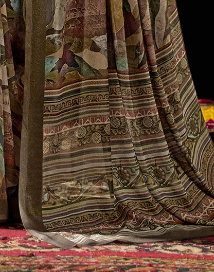 Olive Green Georgette Printed Saree