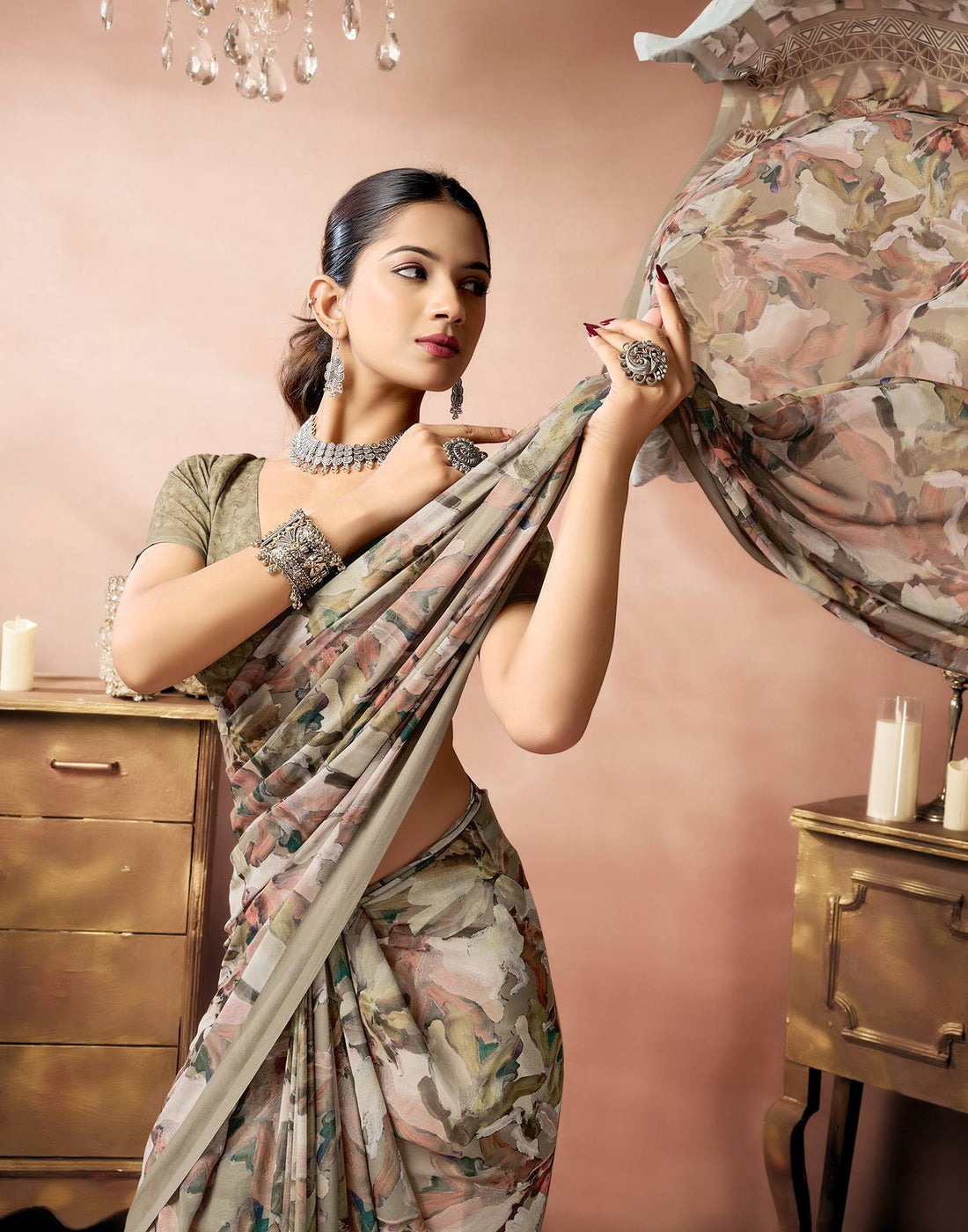 Khaki Georgette Printed Saree