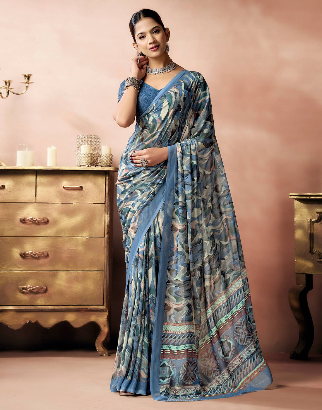 Dusty Blue Georgette Printed Saree