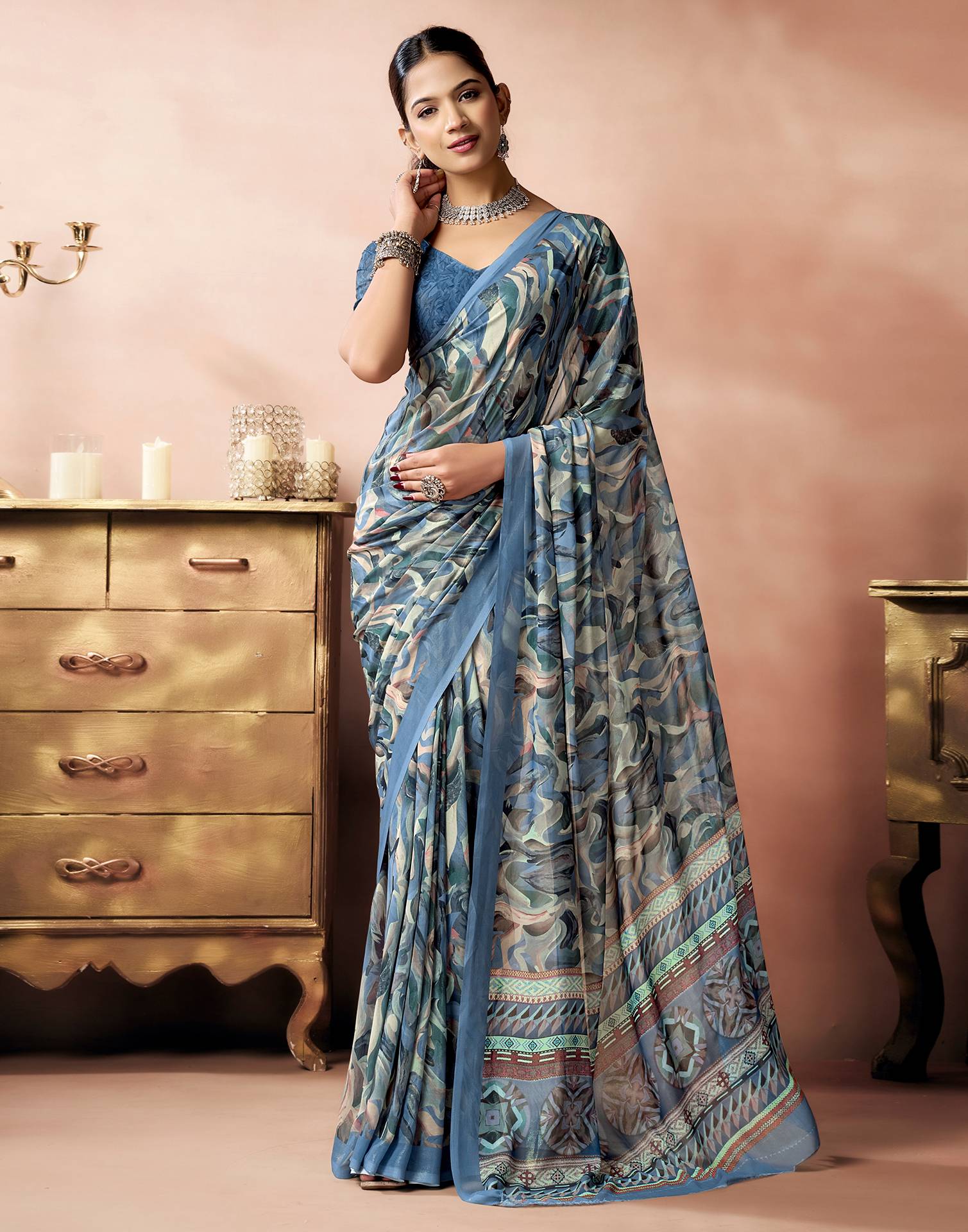 Dusty Blue Georgette Printed Saree