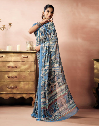 Dusty Blue Georgette Printed Saree