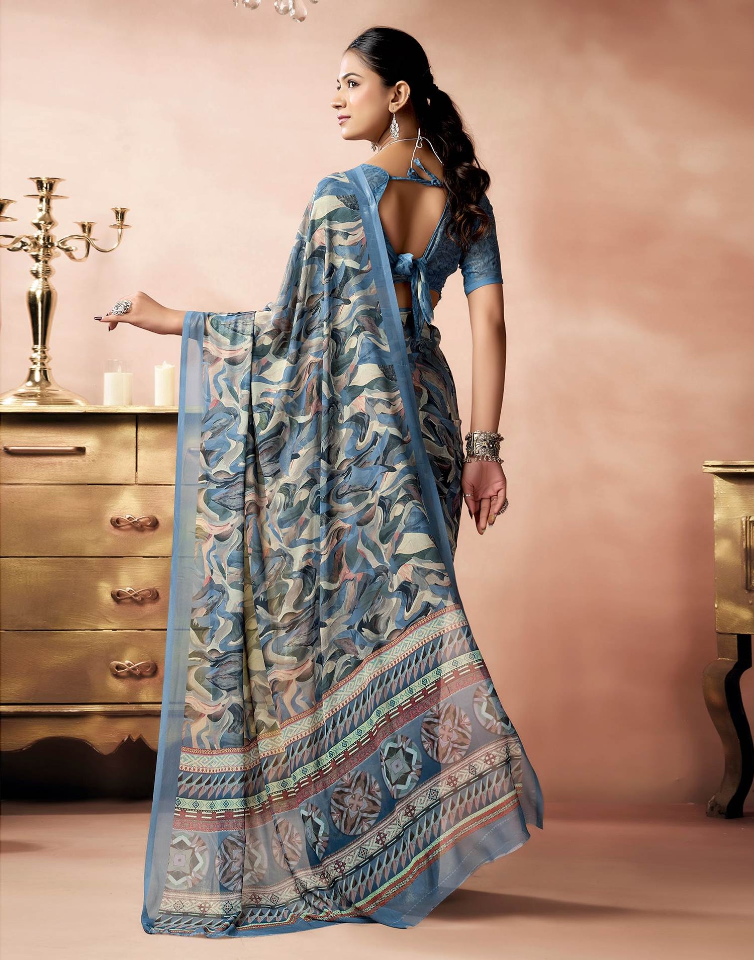 Dusty Blue Georgette Printed Saree