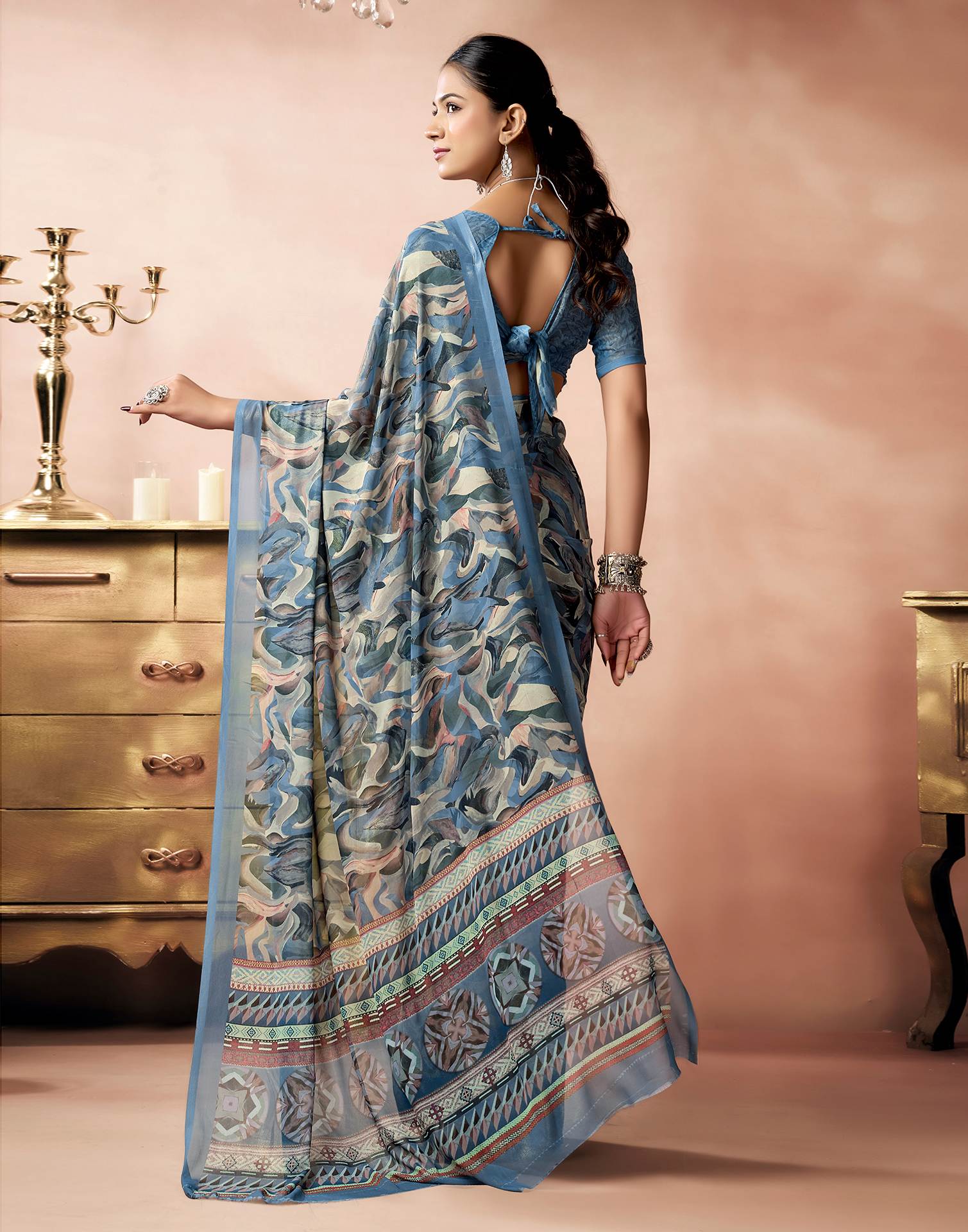 Dusty Blue Georgette Printed Saree