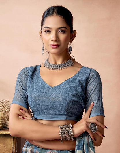Dusty Blue Georgette Printed Saree