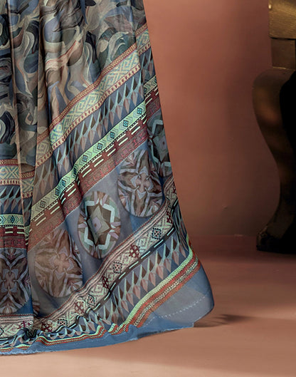 Dusty Blue Georgette Printed Saree