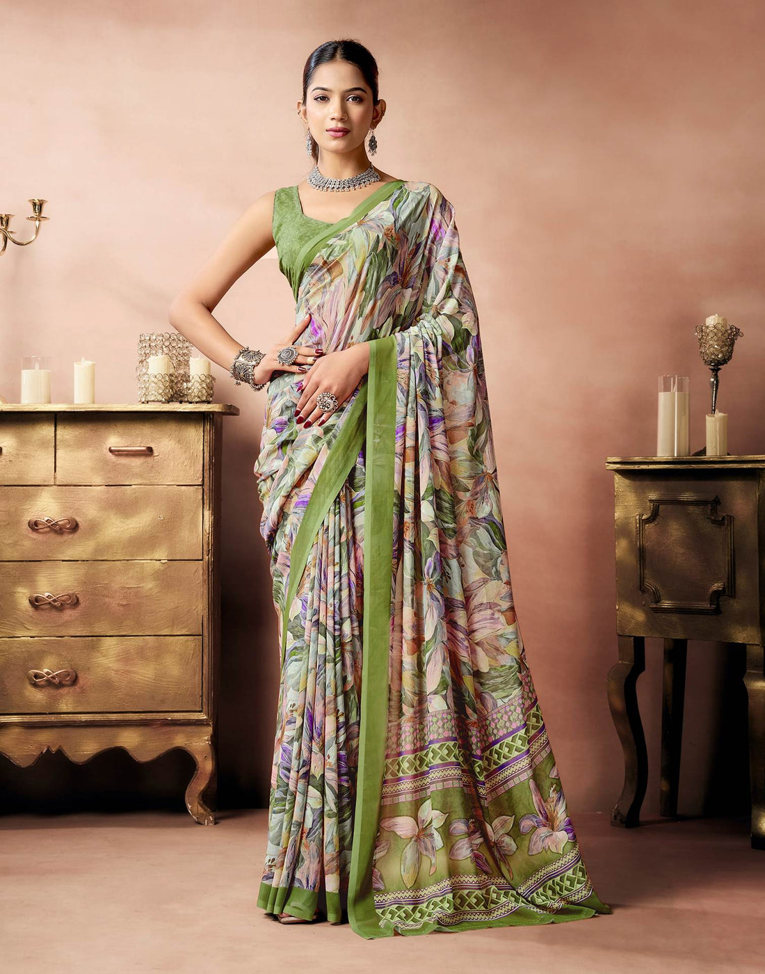 Sage Green Georgette Printed Saree