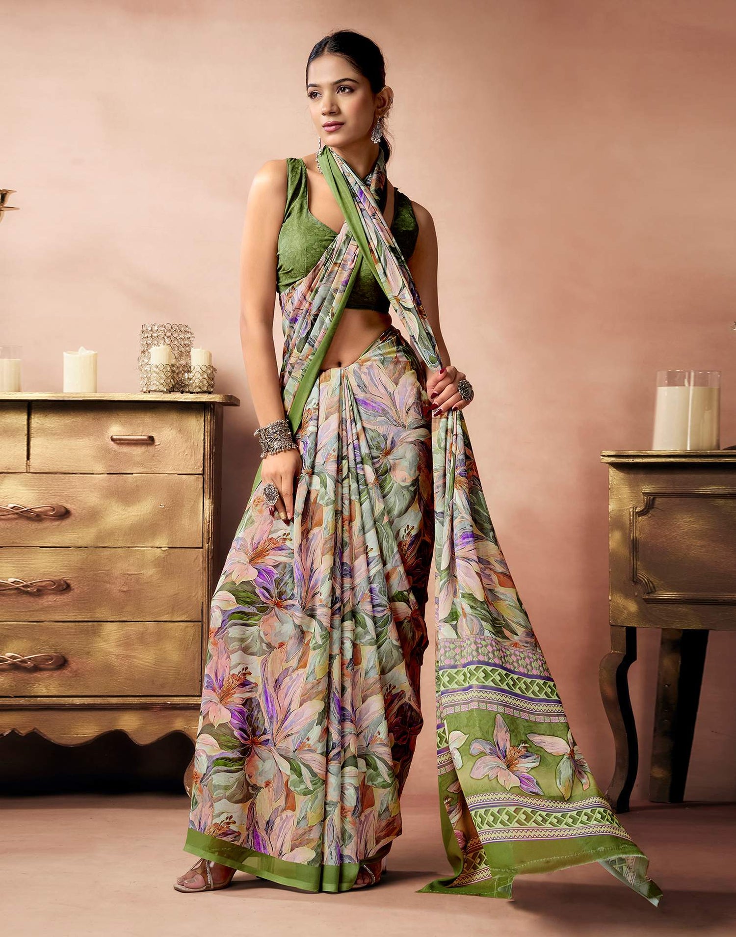 Sage Green Georgette Printed Saree