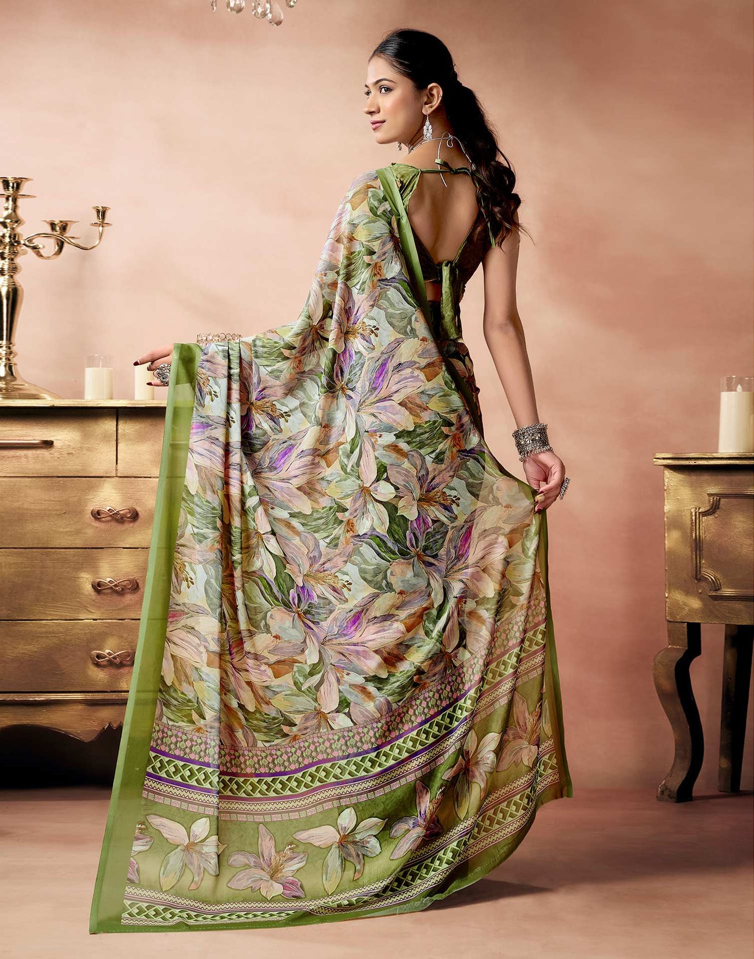 Sage Green Georgette Printed Saree
