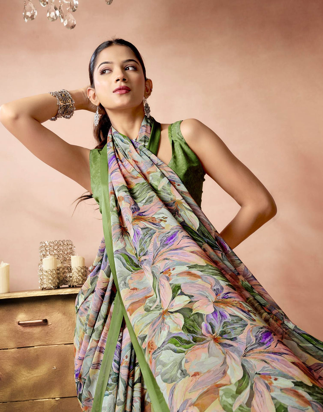 Sage Green Georgette Printed Saree
