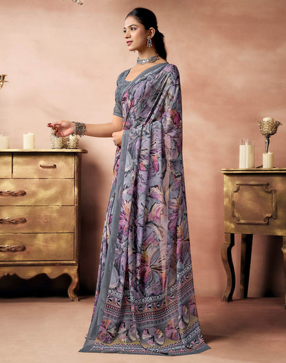 Grey Georgette Printed Saree