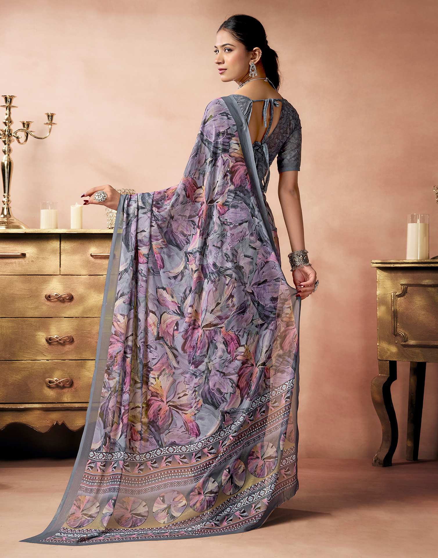 Grey Georgette Printed Saree