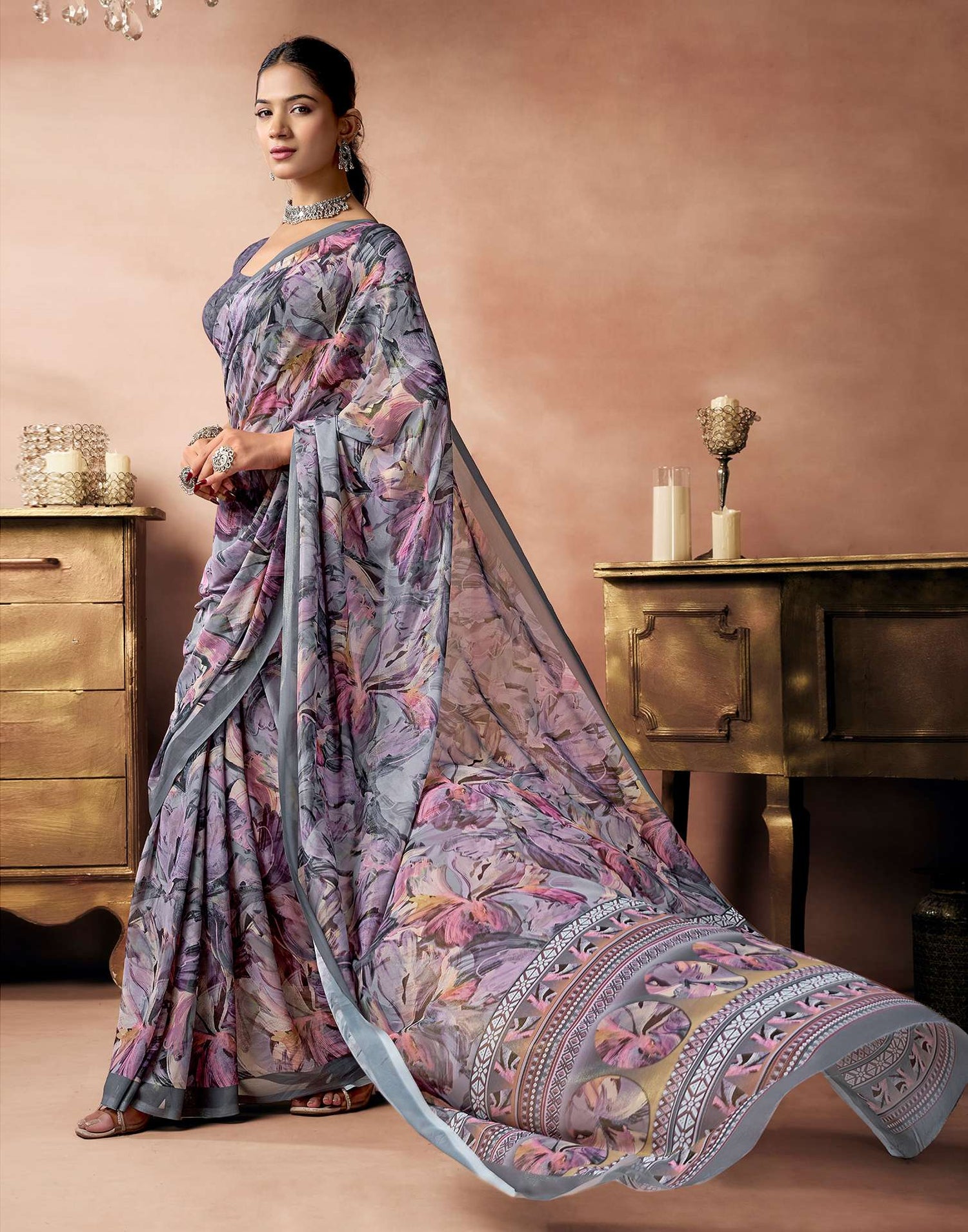 Grey Georgette Printed Saree