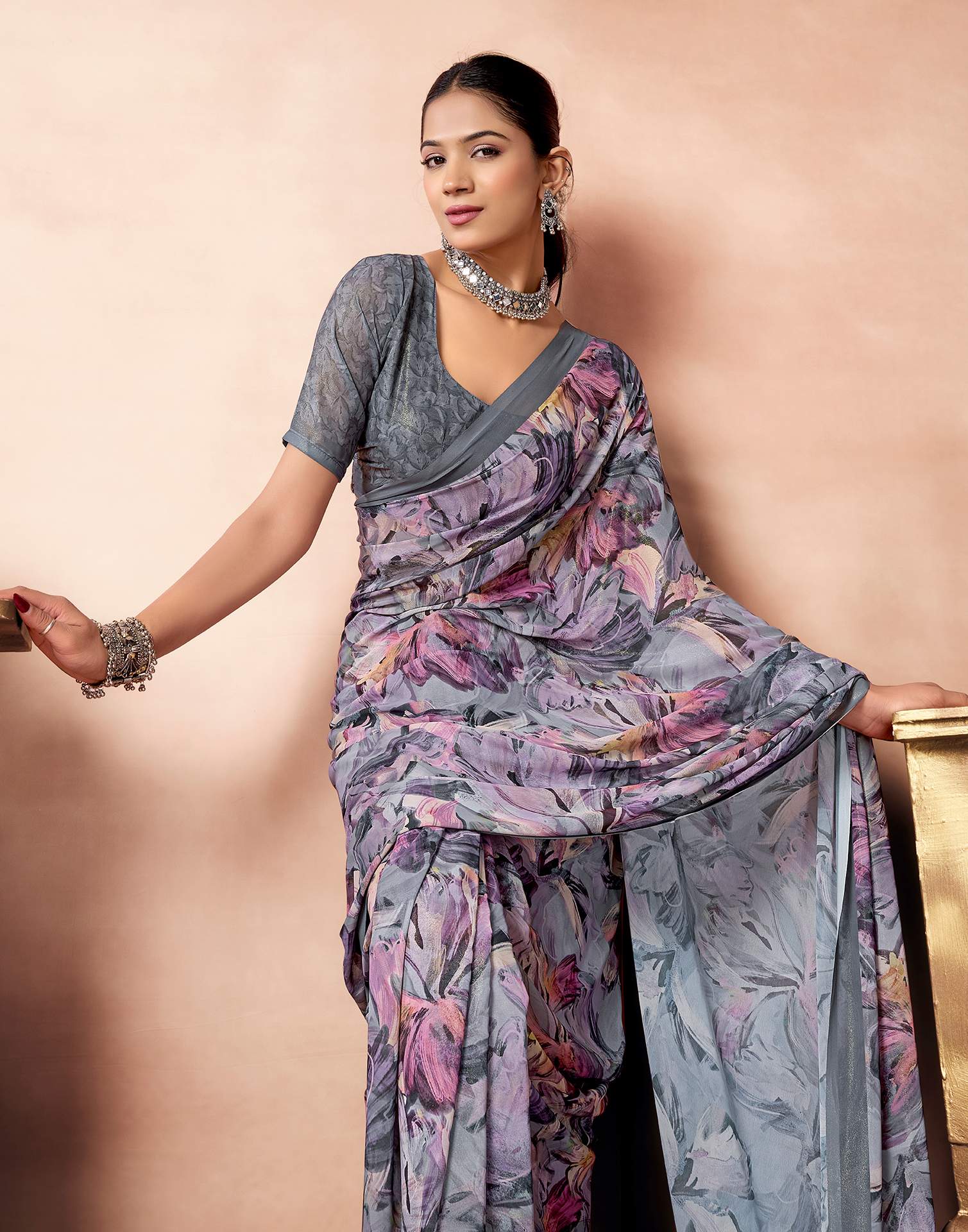 Grey Georgette Printed Saree