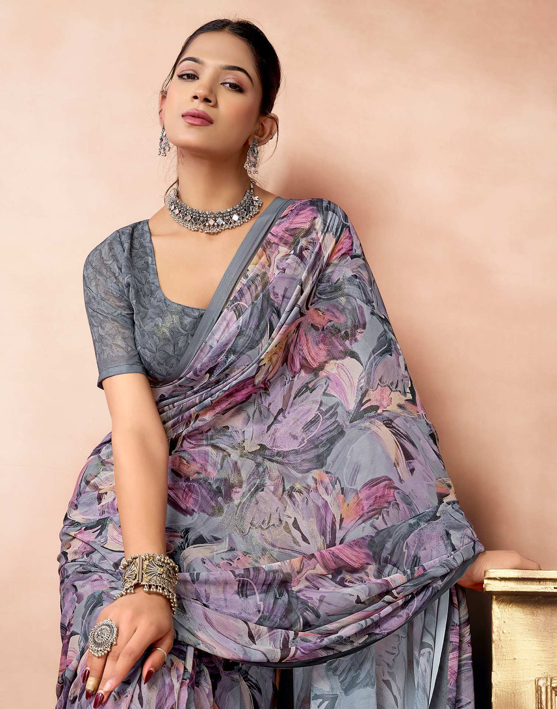 Grey Georgette Printed Saree