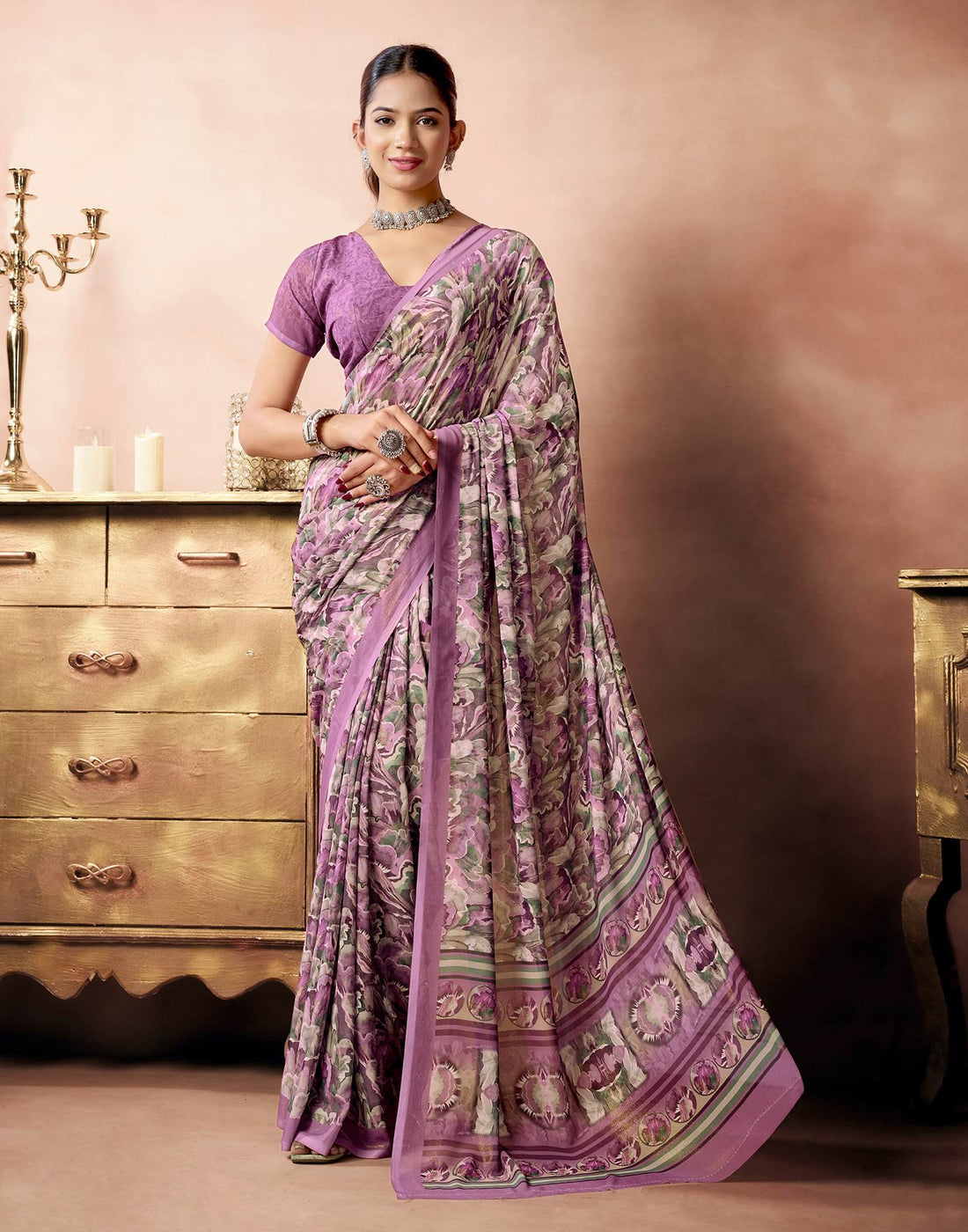 Dusty Rose Pink Georgette Printed Saree