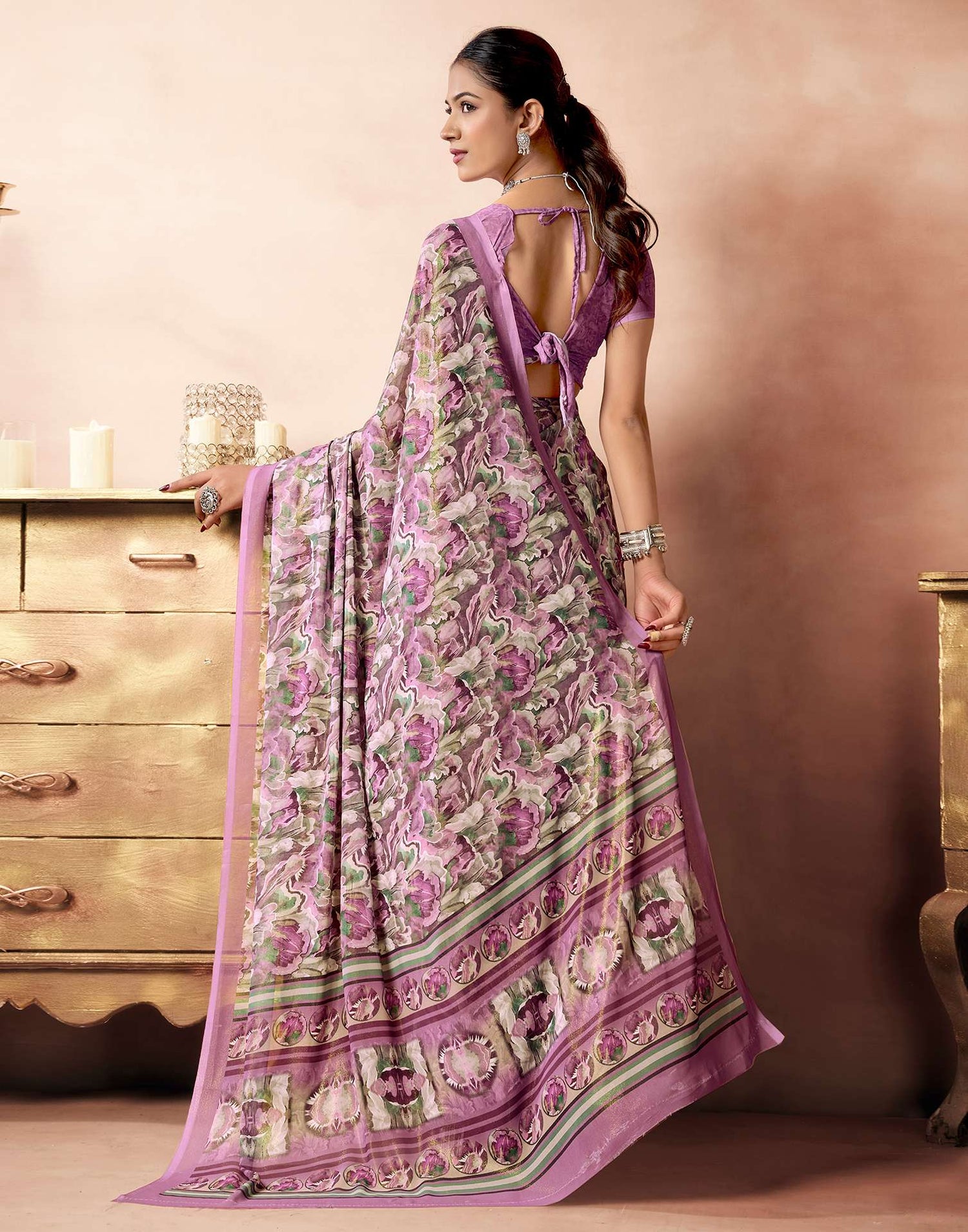 Dusty Rose Pink Georgette Printed Saree