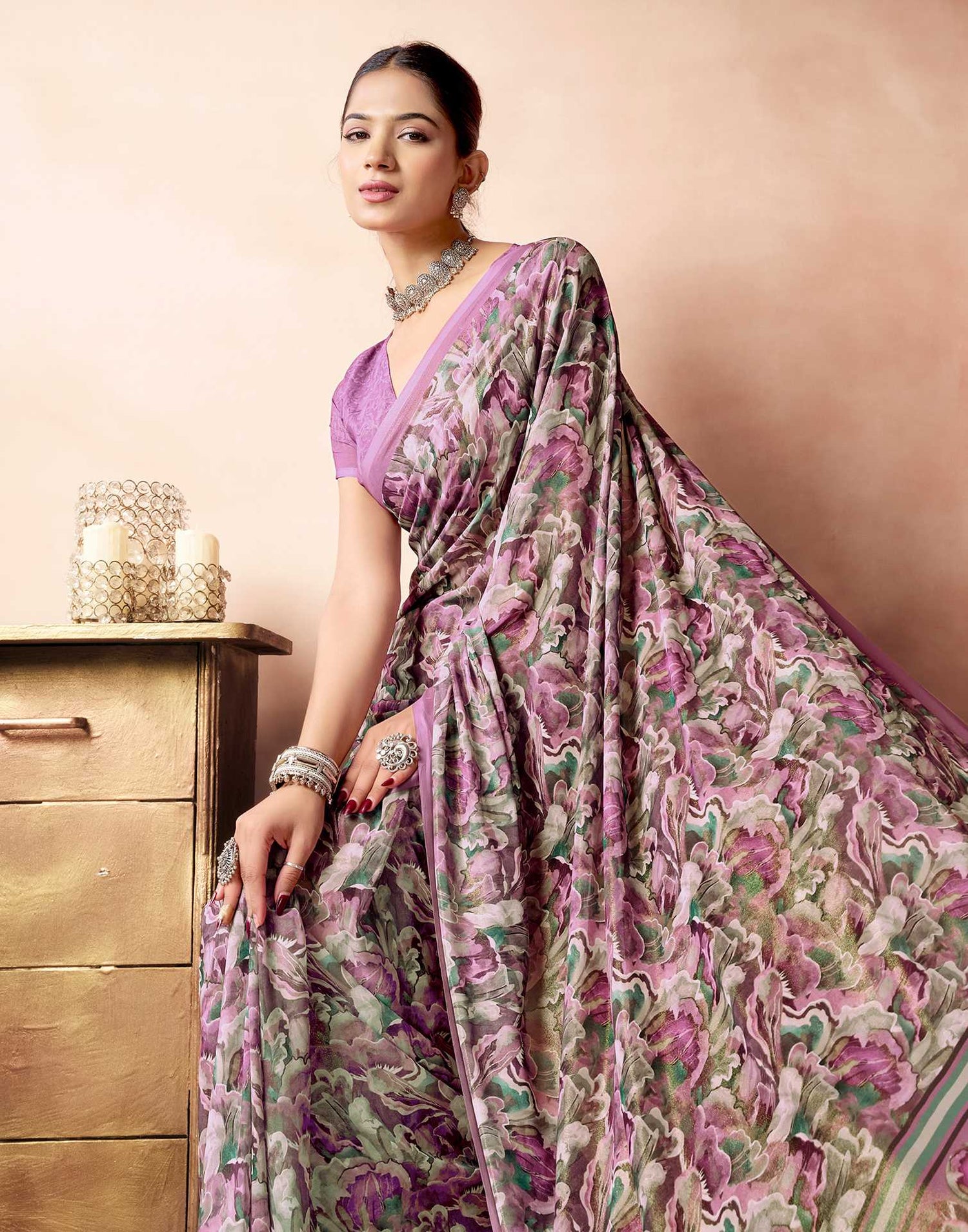Dusty Rose Pink Georgette Printed Saree
