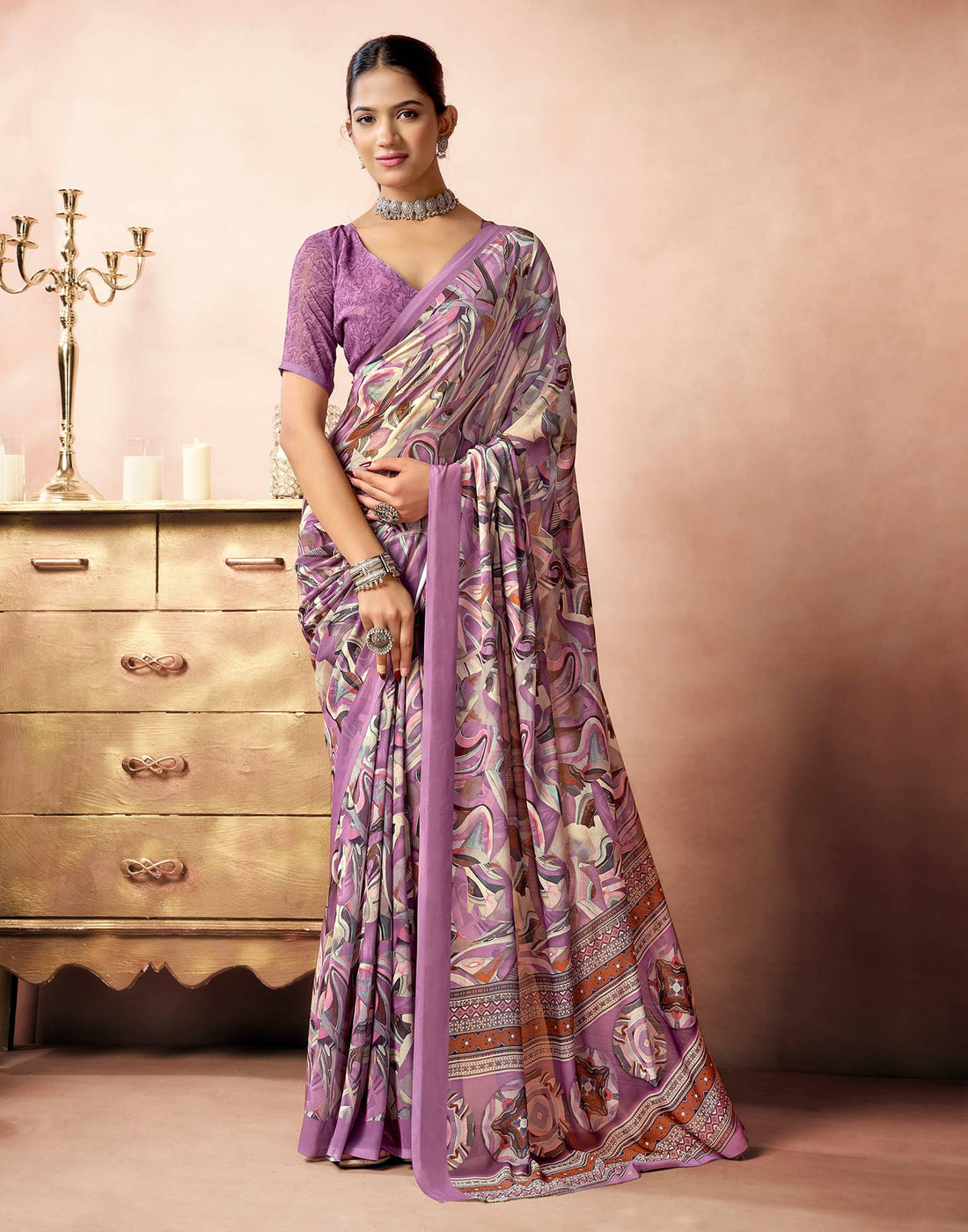 Mauve Georgette Printed Saree