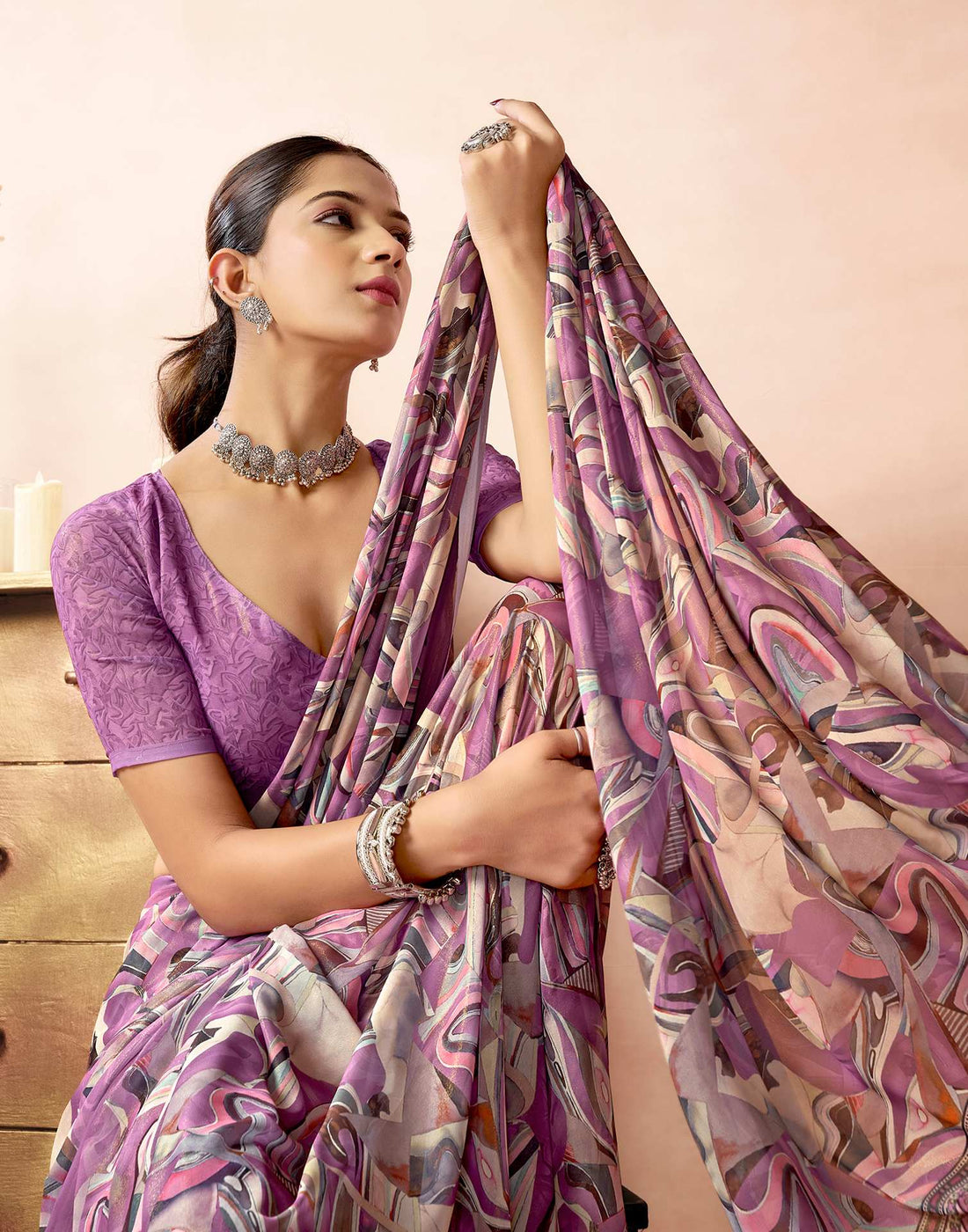 Mauve Georgette Printed Saree