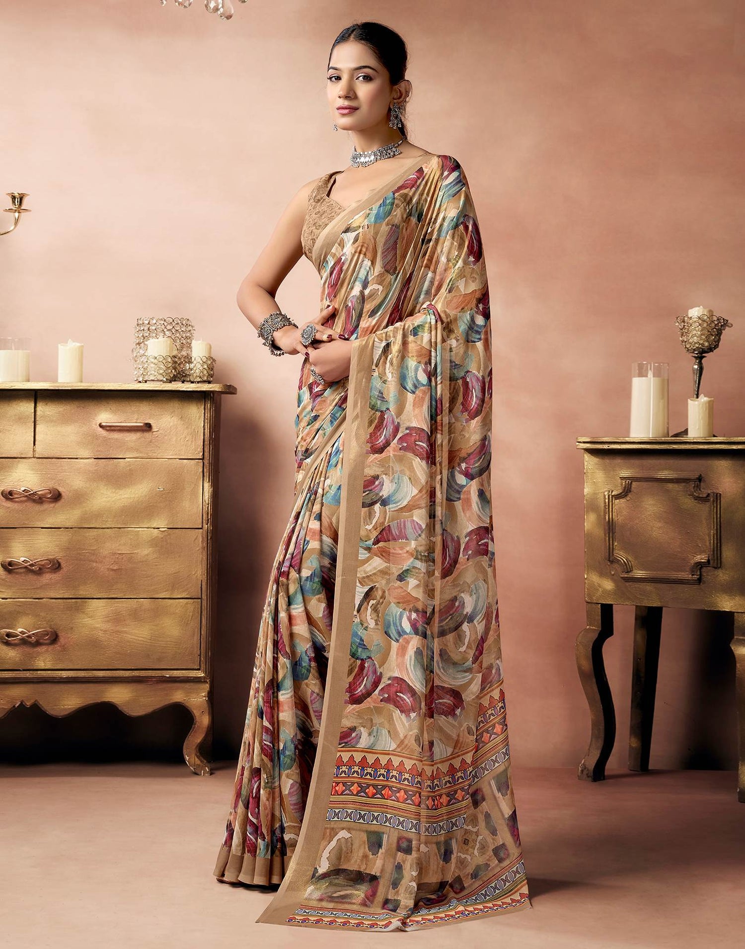 Light Brown Georgette Printed Saree