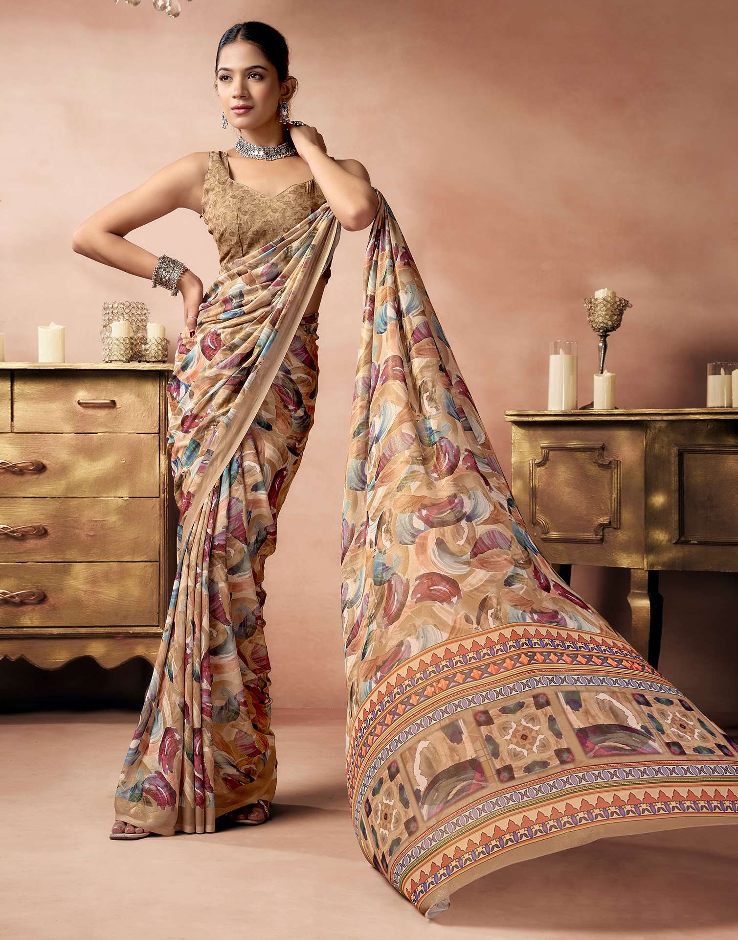Light Brown Georgette Printed Saree