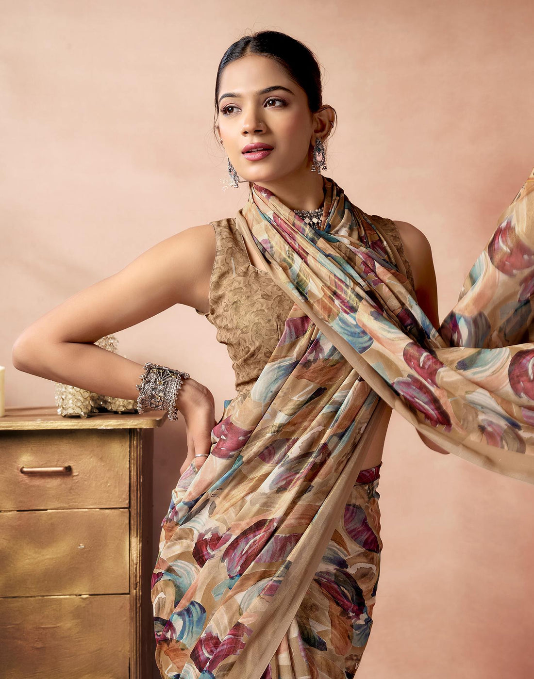 Light Brown Georgette Printed Saree