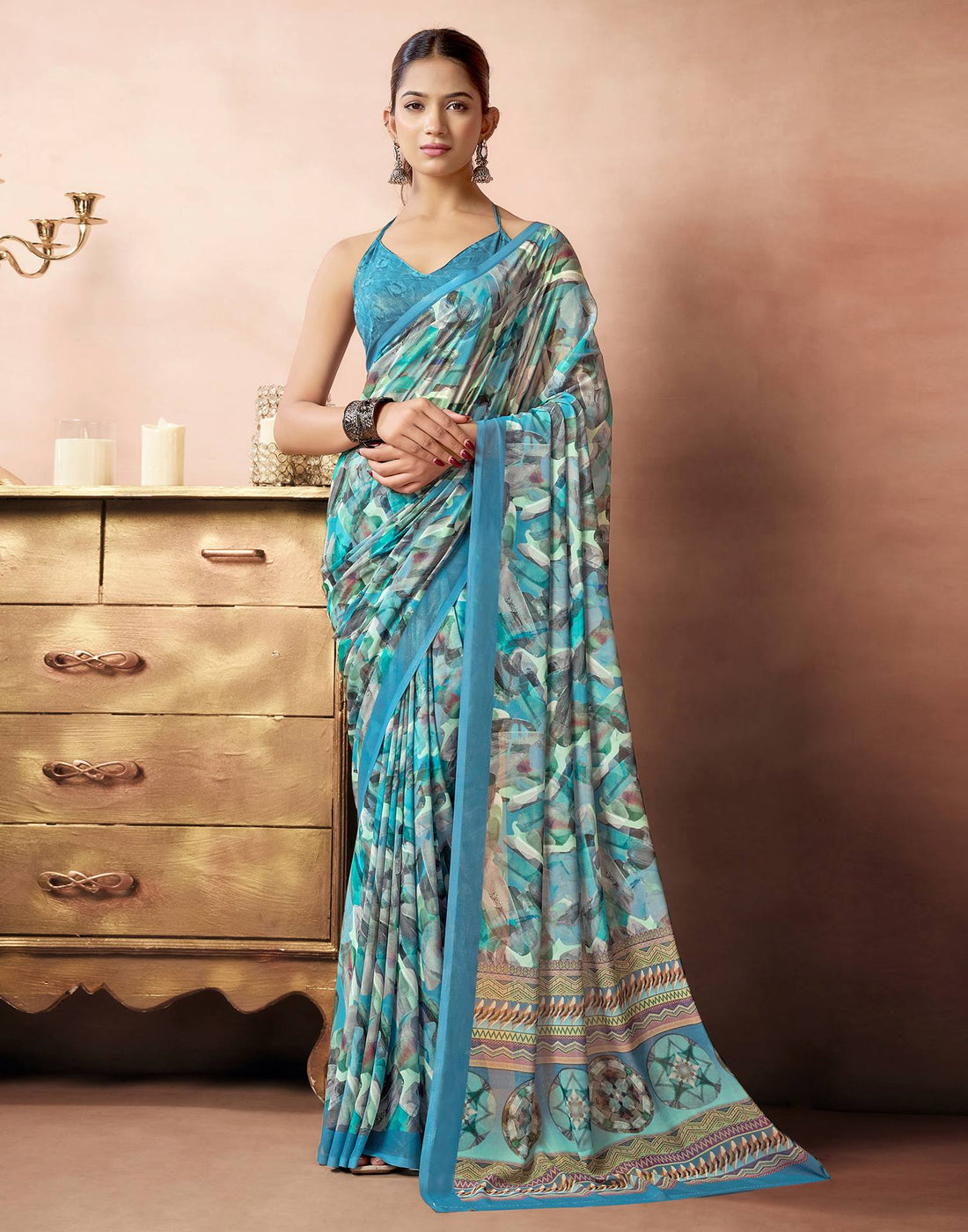 Dusty Blue Georgette Printed Saree