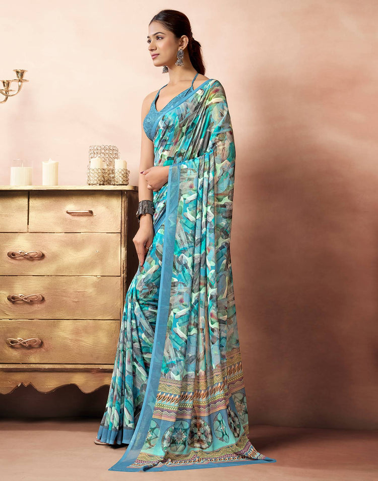 Dusty Blue Georgette Printed Saree