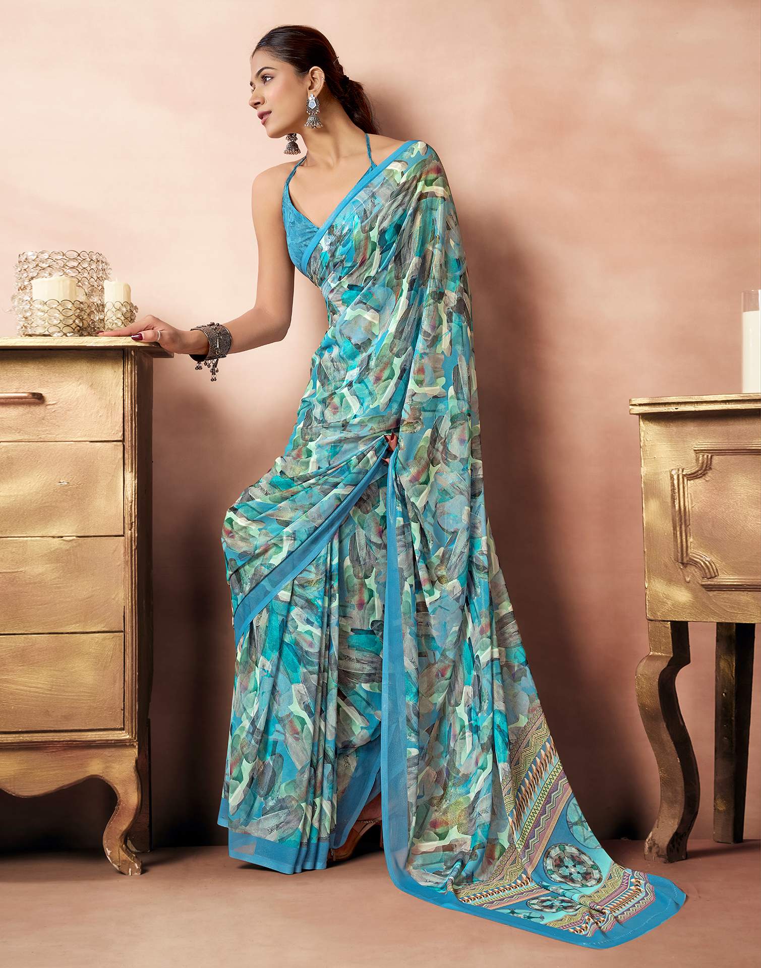 Dusty Blue Georgette Printed Saree