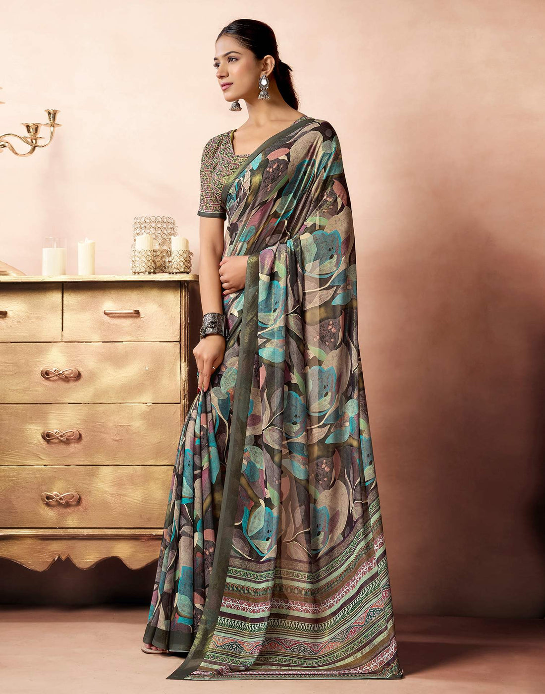 Olive Green Georgette Printed Saree