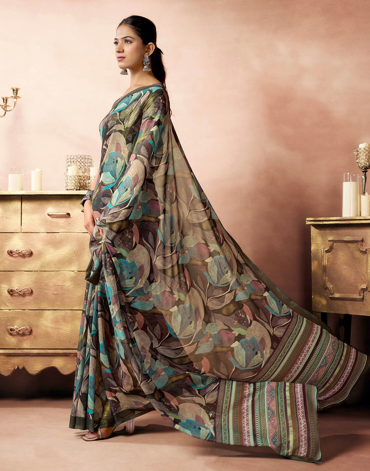 Olive Green Georgette Printed Saree