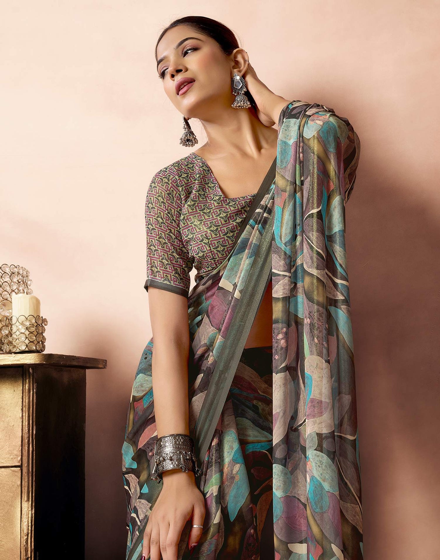 Olive Green Georgette Printed Saree