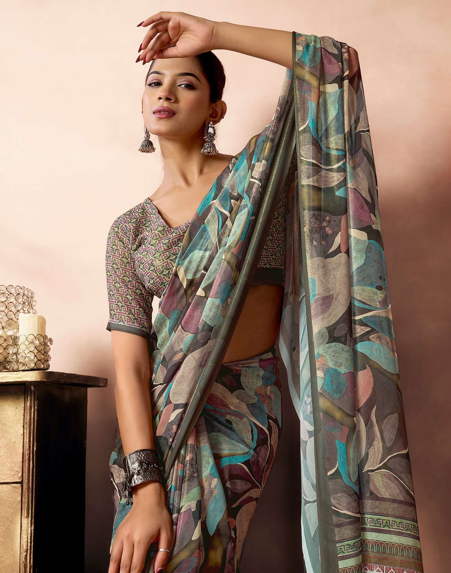 Olive Green Georgette Printed Saree