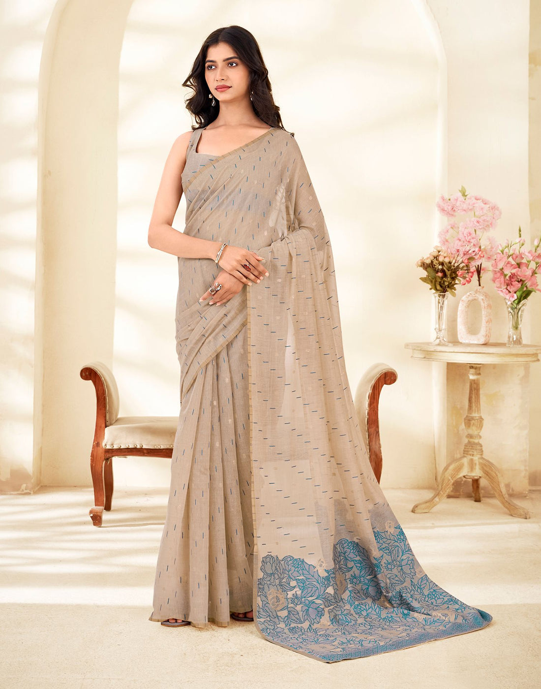 Beige Cotton Woven Printed Saree