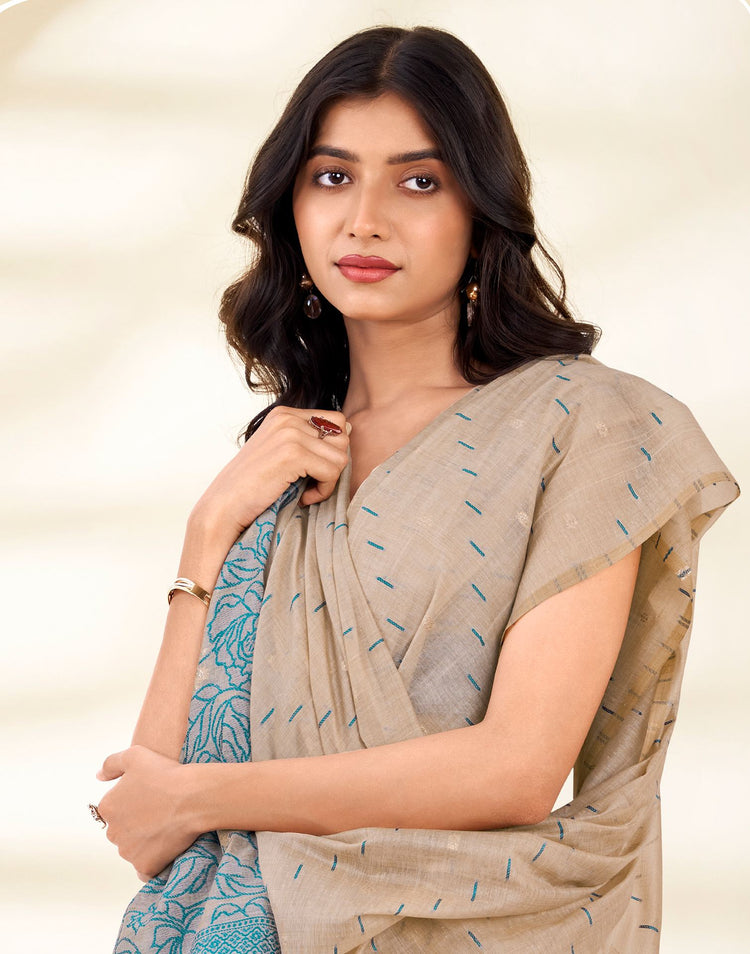 Beige Cotton Woven Printed Saree