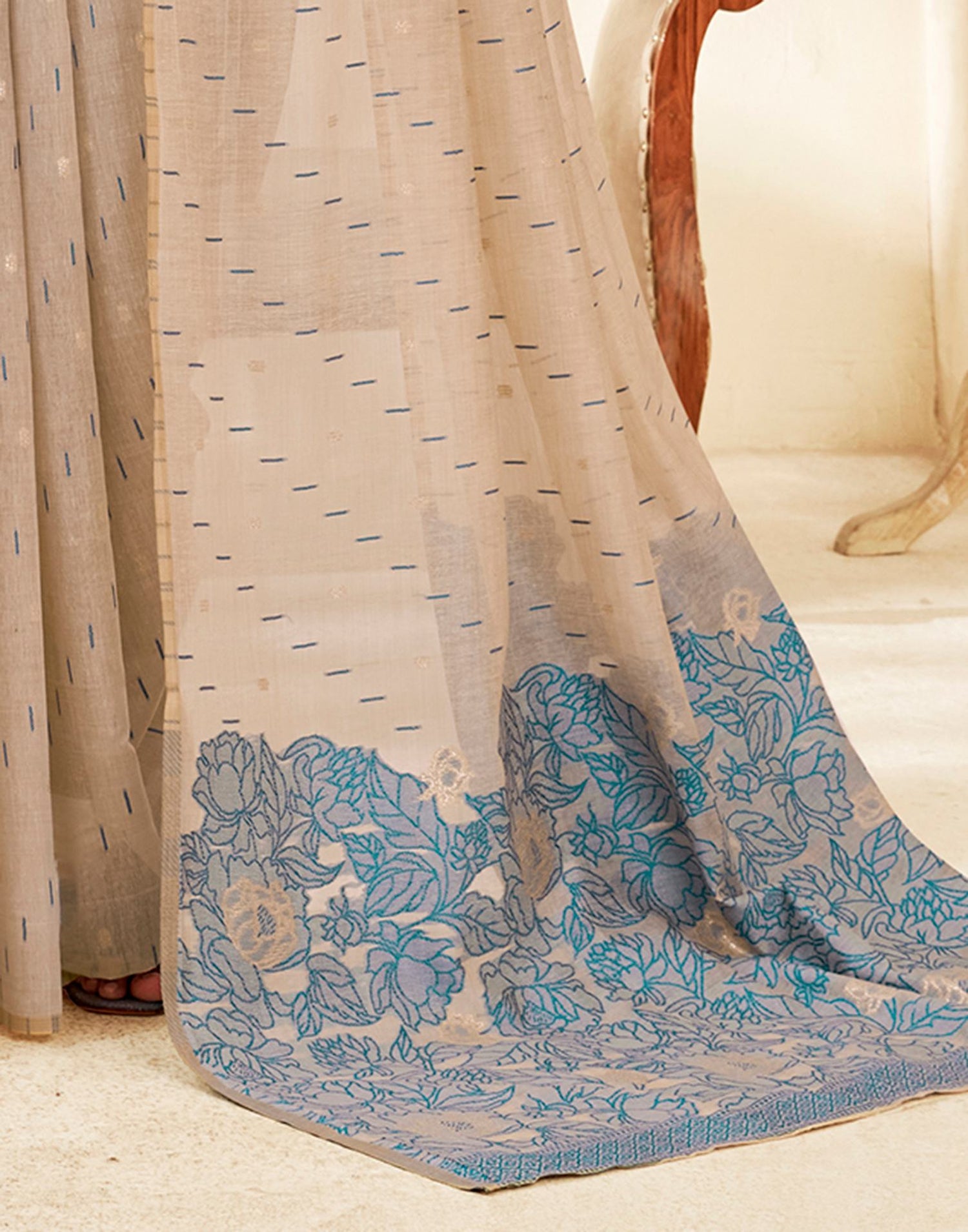 Beige Cotton Woven Printed Saree