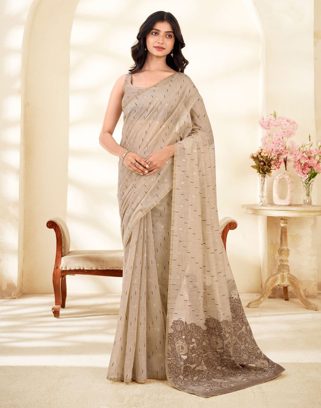 Beige Cotton Woven Printed Saree