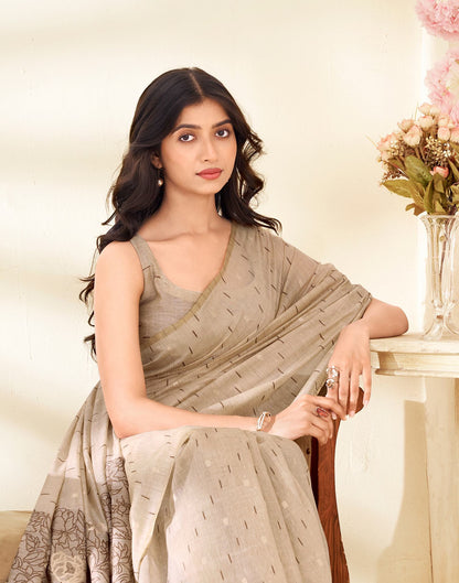 Beige Cotton Woven Printed Saree